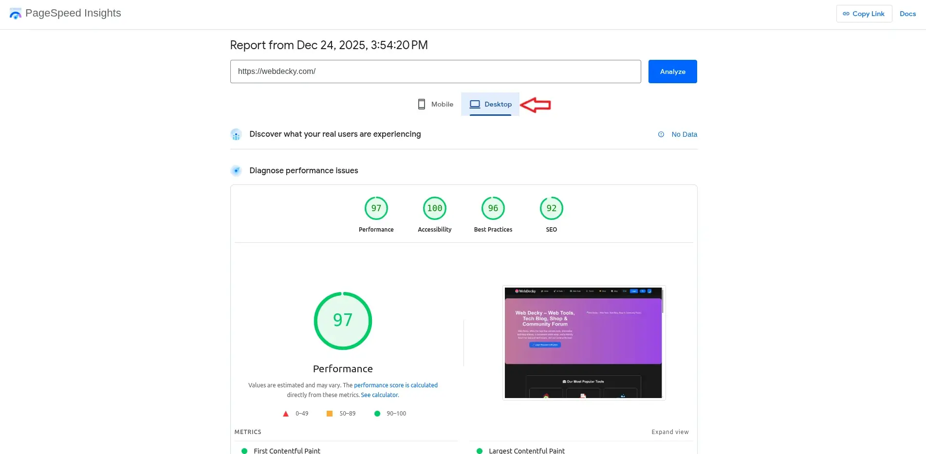Speedinsight Desktop result