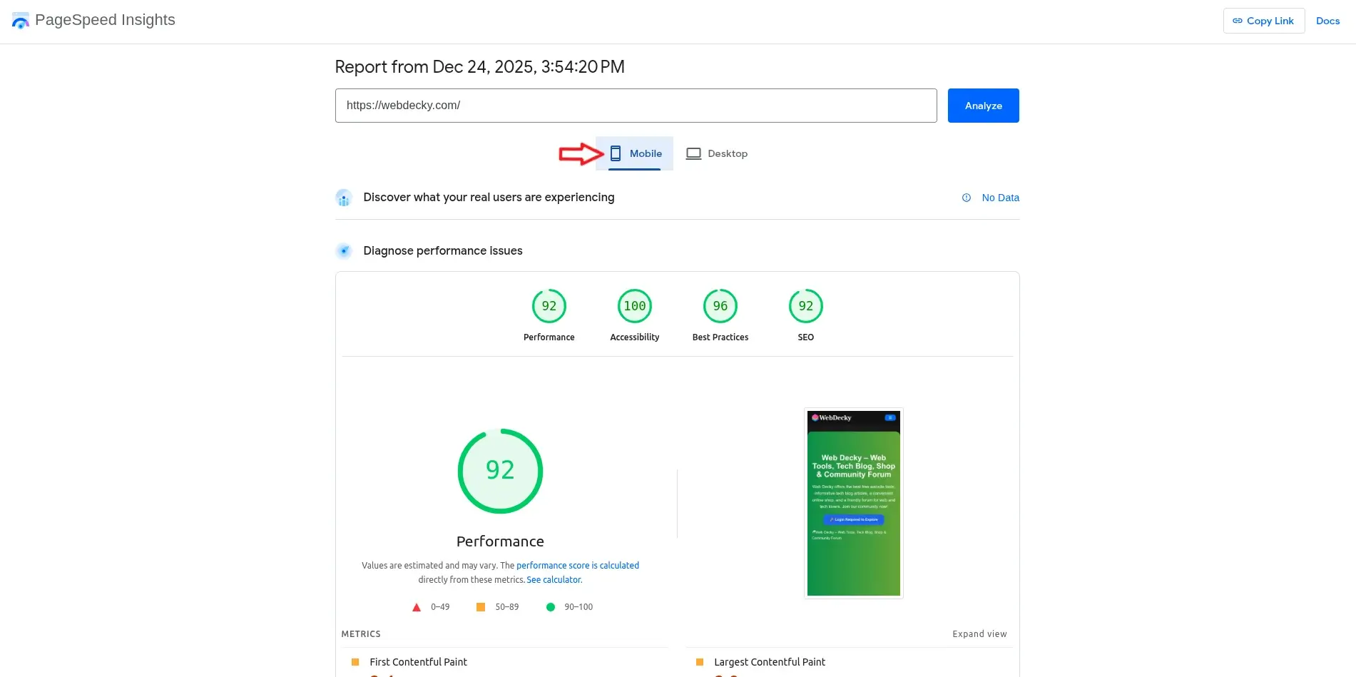 speed insight mobile result